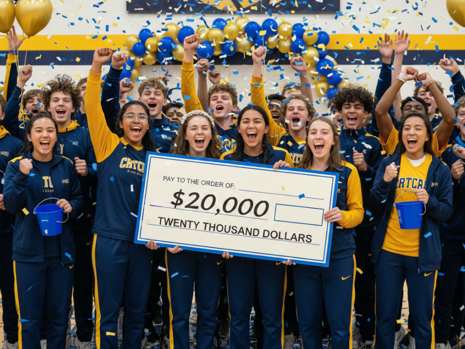 Student athletes celebrating their Gold Athletics fundraiser win.