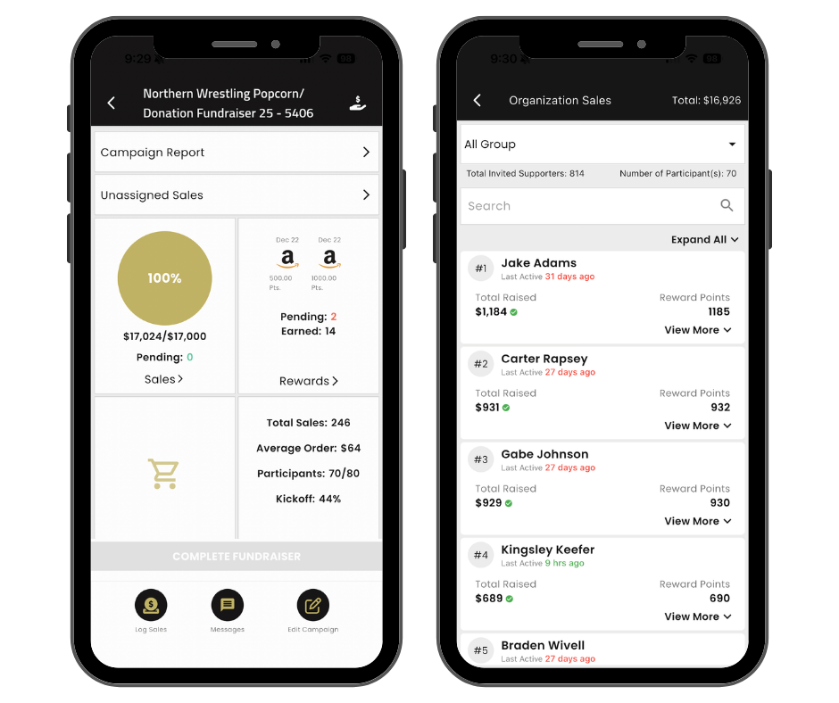 The Gold Athletics app showing Nothern York's total sales and top sellers.