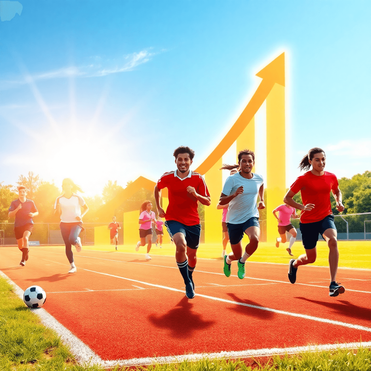 Athletes playing soccer and running on a sunlit sports field with glowing arrows and graphs symbolizing growth, under a clear blue sky and green su...