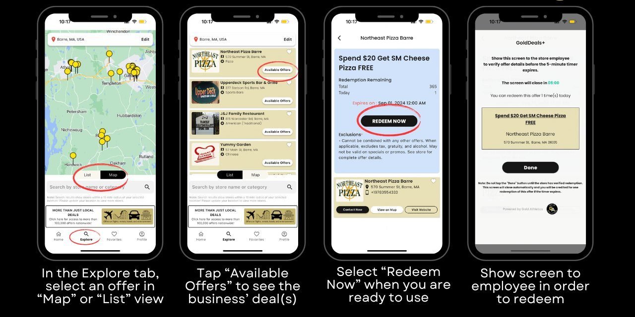 GoldDeals+ app redemption flow: Explore, Available Offers, Redeem Now, Show Screen to Employee