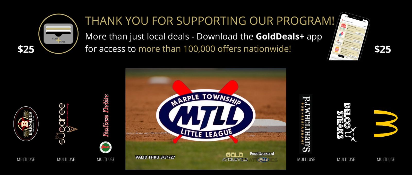 Marple Township Little League Gold Ticket featuring Barnabys, the Sugaree, Italian Delite, P.J. Whelihan's, Delco Steaks, and McDonald's