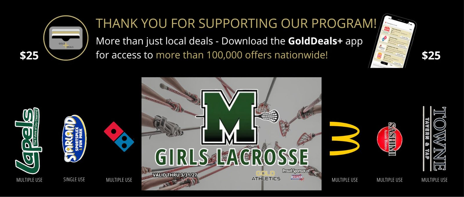 Gold Ticket featuring local merchants including Lapels, Starland Sportsplex, Domino's, McDonald's, Sashimi, and Towne Tavern & Tap