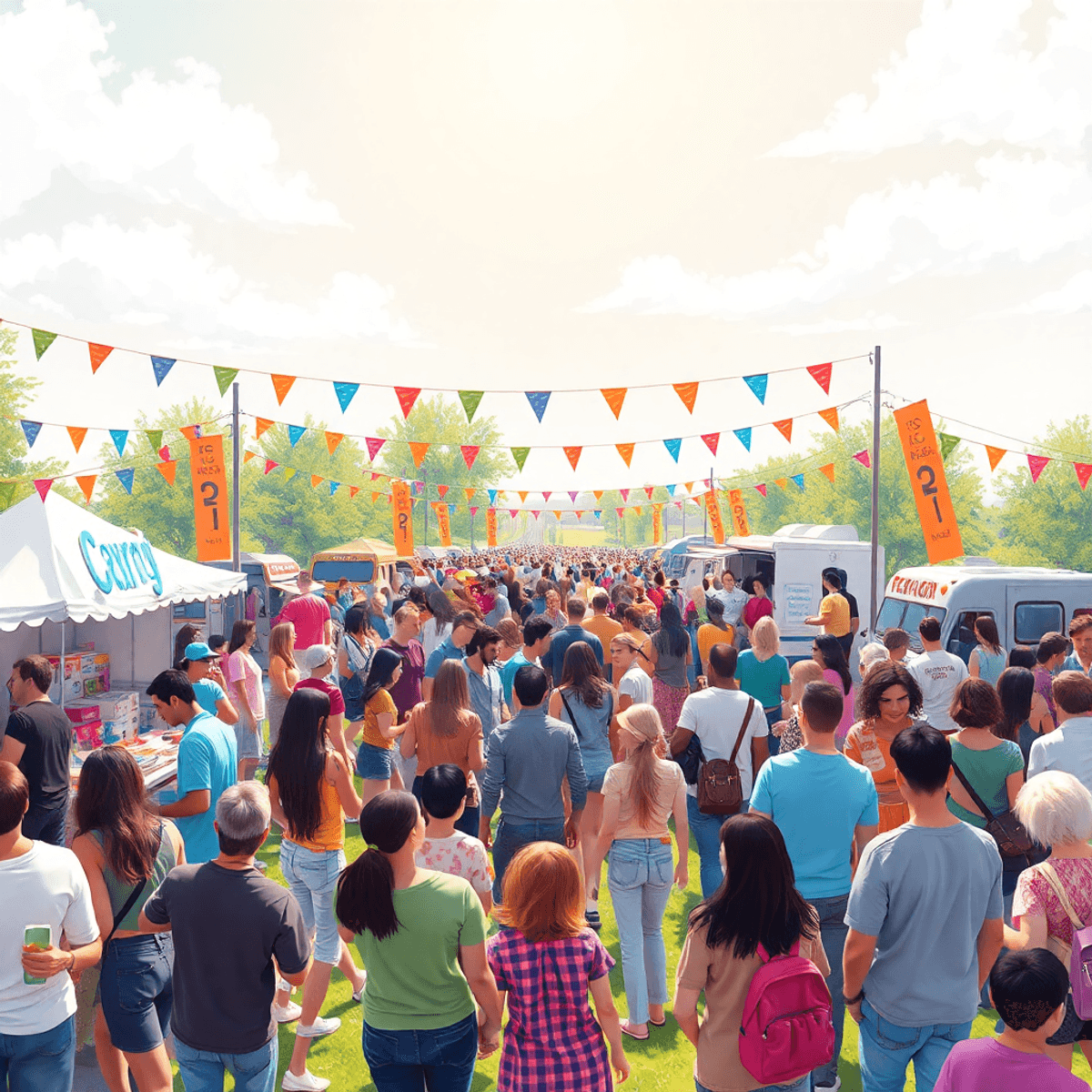 Outdoor community event with people enjoying craft booths, game stalls, and food trucks under colorful decorations on a sunny day.