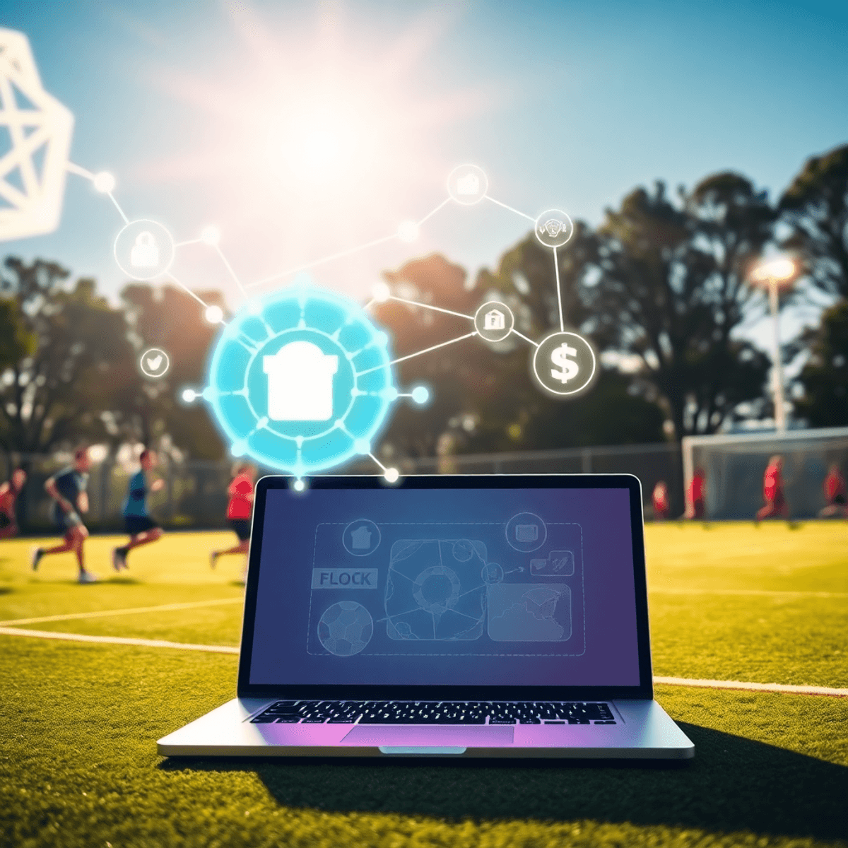 Athletes competing on a bright sports field with a laptop displaying glowing, interconnected digital icons above it, symbolizing innovation and fundraising.
