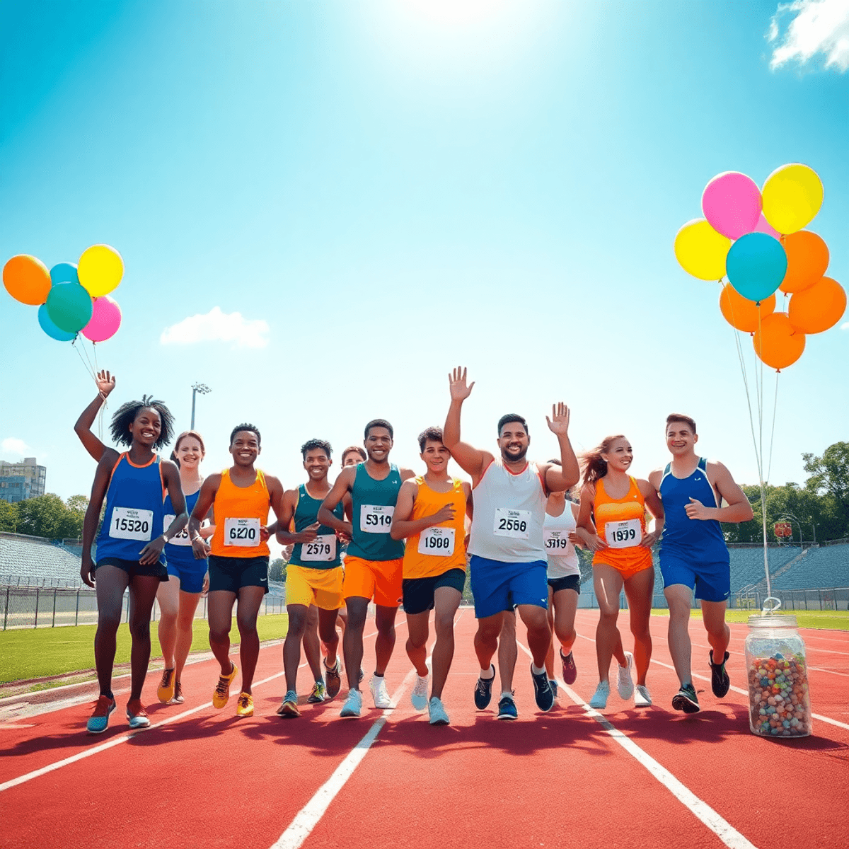 Young athletes celebrating on a sunny track with colorful balloons and donation jars, radiating energy and community spirit.