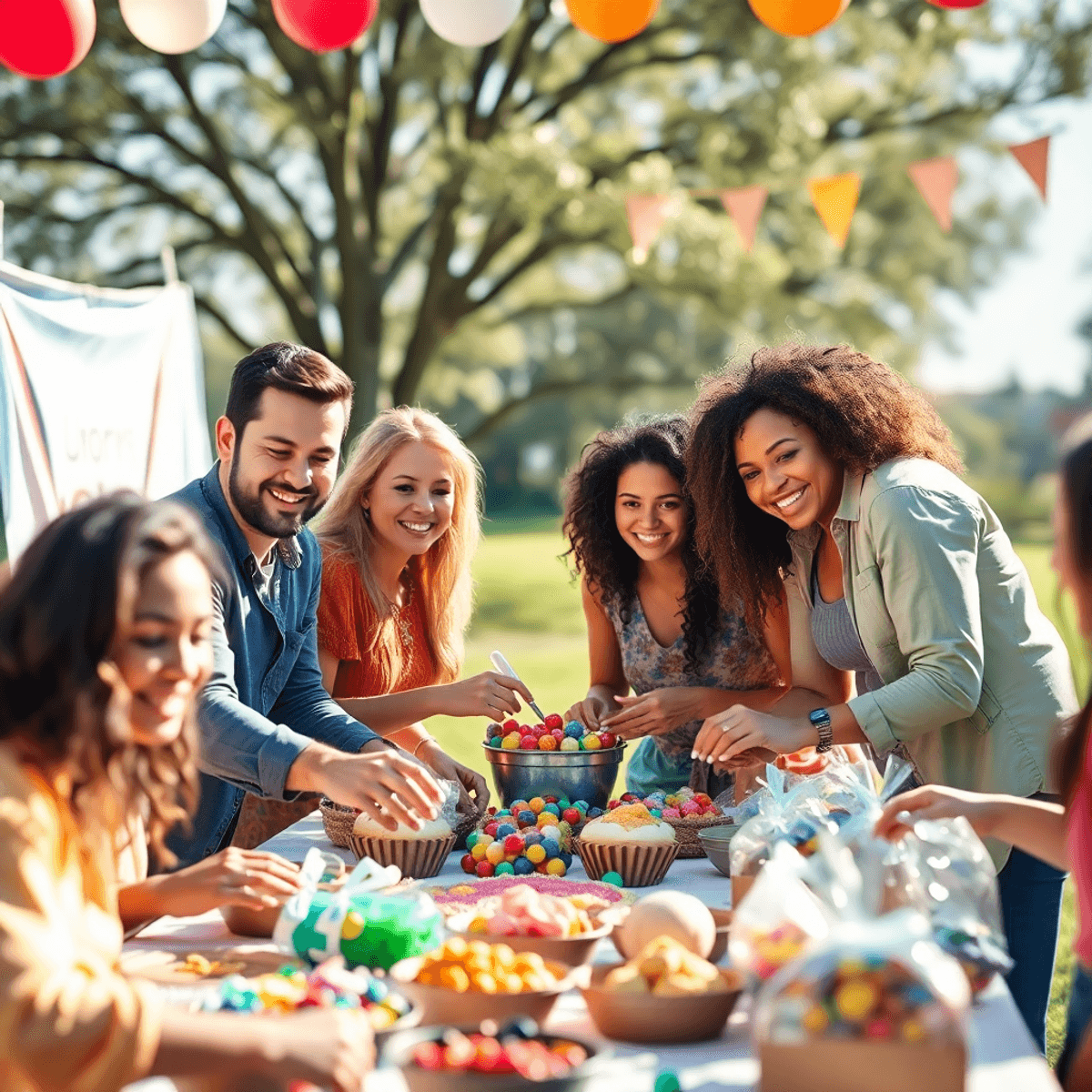 A diverse group gathers outdoors around a table of colorful crafts and baked goods, smiling and collaborating under bright sunlight with festive balloons in the background.